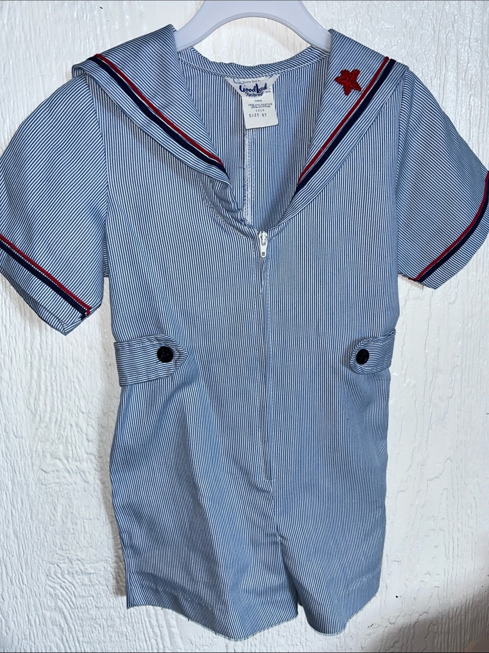 Children's Blue Stripe Sailor Romper with Red Trim